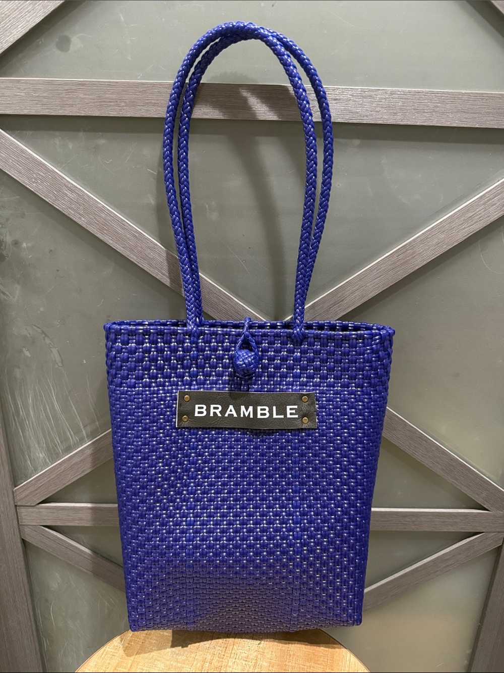 Royal Blue Woven Tote Bag BRAMBLE nameplate attached